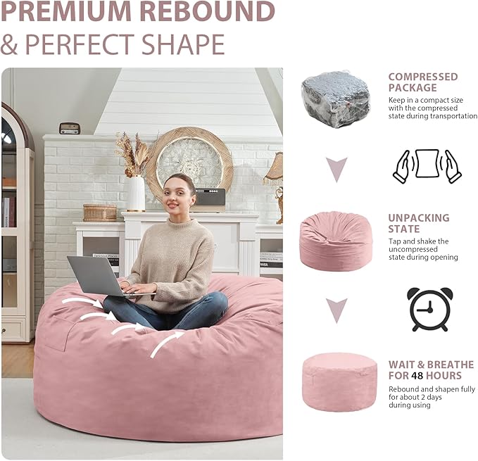 3FT Bean Bag Chair, Comfy Bean Bag Chairs with Memory Foam Filled, Fluffy Beanbag Sofa with Dutch Velvet Cover, Round BeanBag Chairs for Living Room, Playroom - Light Pink