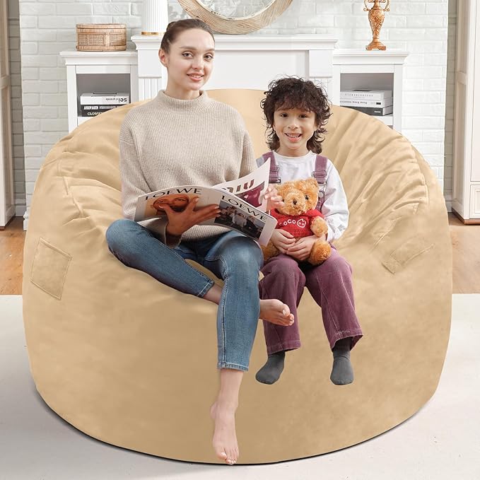 3FT Bean Bag Chair, Comfy Bean Bag Chairs with Memory Foam Filled, Fluffy Beanbag Sofa with Dutch Velvet Cover, Round BeanBag Chairs for Living Room, Playroom - Khaki