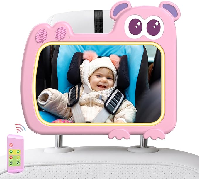 2-in-1 Baby Car Mirror with Lights & Soft Sounds, Cry Detector, Clear Night View, 360° Rotation, Shatterproof, Rear Facing Baby Car Seat Mirror with Remote Control, Perfect Baby Shower Gifts (Pink)