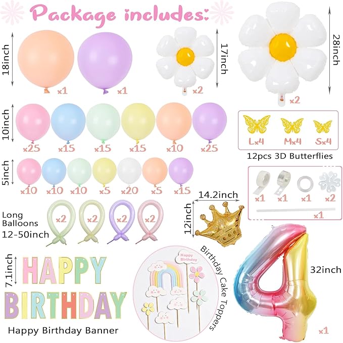 4th Birthday Decorations Girl Pastel, Slmeno 219Pcs Pastel Rainbow Balloon Arch Garland Kit, with Number 4 Balloons,Banner,Cake Toppers,12 3D Butterfly for 4 Year Old Girl Birthday Easter Party Decor