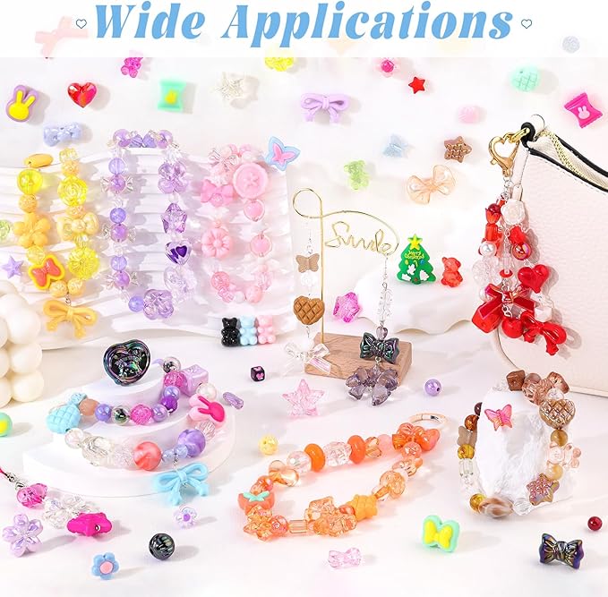 Assorted 170-230PCS White Acrylic Beads for Bracelet Making, Flower Bow Butterfly Candy GummyBear Aesthetic Bracelet Charms,Cute Beads for Jewelry Making DIY Necklace Keychain Phone Charm