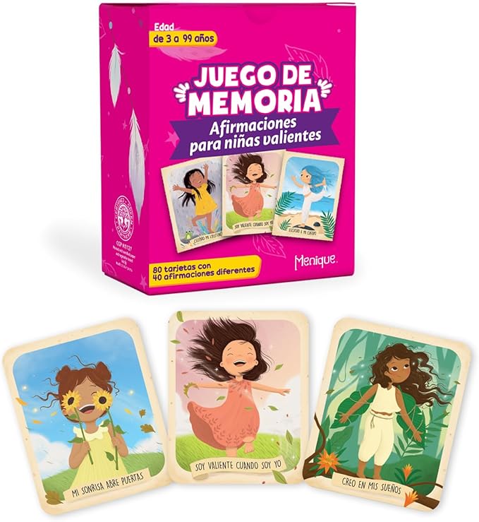 Menique Brilla Memory Matching Game – Spanish Edition – 80 Cards (40 Pairs) with Positive Affirmations for Brave Girls – Mindful Matching Game in Spanish for Confidence and Self-Love