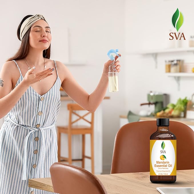 SVA Mandarin Essential Oil – 4 Fl Oz – 100% Natural Mandarin Oil - for Diffuser, Hair Care, Face, Skin Care, Aromatherapy, Scalp and Body Massage, Soap and Candle Making – with Dropper