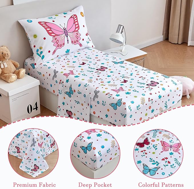 PERFEMET 4-Piece Girls Butterfly Bedding in Pink Floral - Reversible Colorful Flower Toddler Bed Comforter Set for All Season (White, Butterfly)