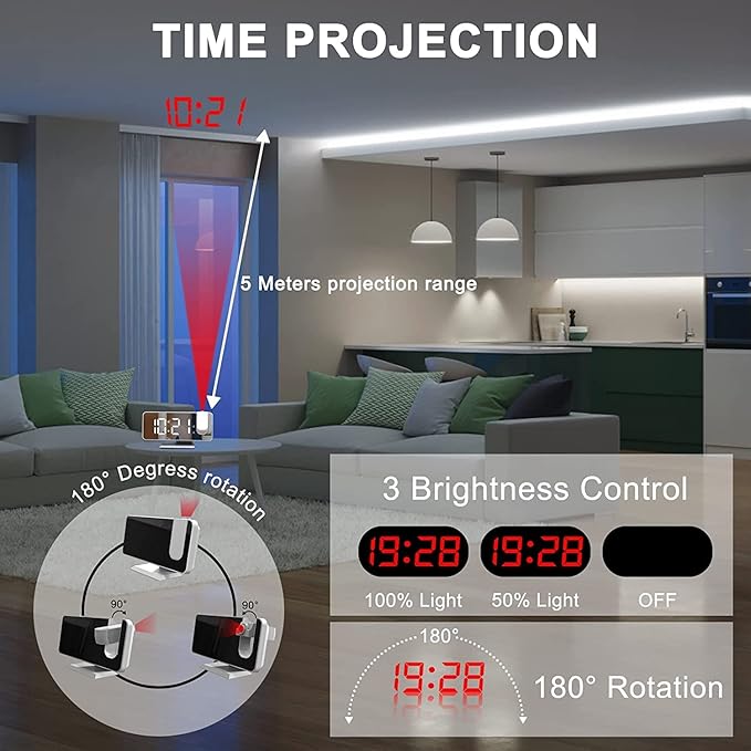 Projection Digital Alarm Clock for Bedrooms, Clock Radio on Ceiling, USB Charger Port, Temperature & Humidity Display, 7.3” Large Mirror LED Display,12/24H,Snooze,Dual Loud Alarm Clock- 4 Dimmer