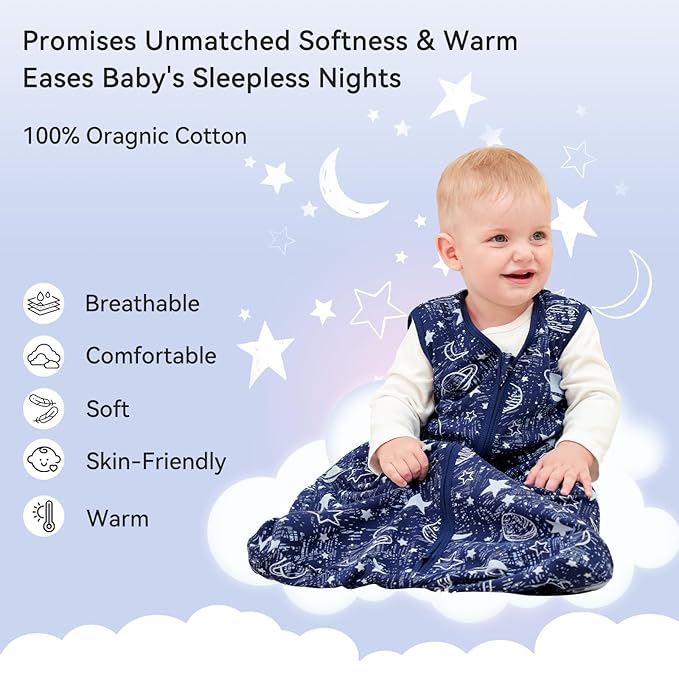 Baby Sleep Sack 12-18 Months 3 Pack 100% Cotton Lightweight 0.5 TOG Wearable Blanket Baby Sleep Bag with 2-Way Zipper for Infant Toddler Blue