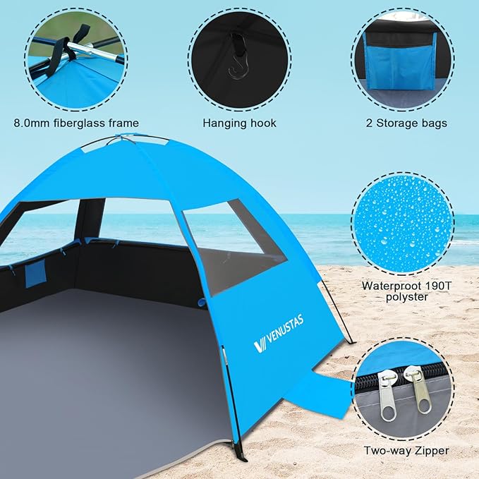Venustas Beach Tent Sun Shelter for 3/4-5/6-7/8-10 Person, UPF 50+ UV Protection Beach Canopy, Lightweight and Easy Setup Cabana, Portable Shade Tent