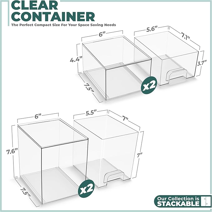 Sorbus Acrylic Storage Containers - 4 Pack, Stackable Storage Bins Set for Bathroom Organization - Clear Acrylic Drawer Organizers - Makeup Case Pull-Out Drawers (7.6’’ and 4.4’’ Tall)