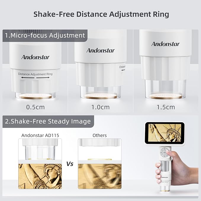 Andonstar Digital Microscope, 5" 1080P Coin Microscope Camera for Error Coin with 7.3" Metal Stand for Adults Kids, Handheld USB Coin Magnifier with 8 Adjustable LED Lights, Windows Mac PC View, AD115