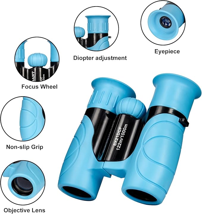 Binoculars for Kids 8x21, Gift for 3-12 Years Boys & Girls, Compact Kids Binoculars High-Resolution Shockproof Mini Binoculars for Bird Watching, Hiking, Camping, Travel Blue 302