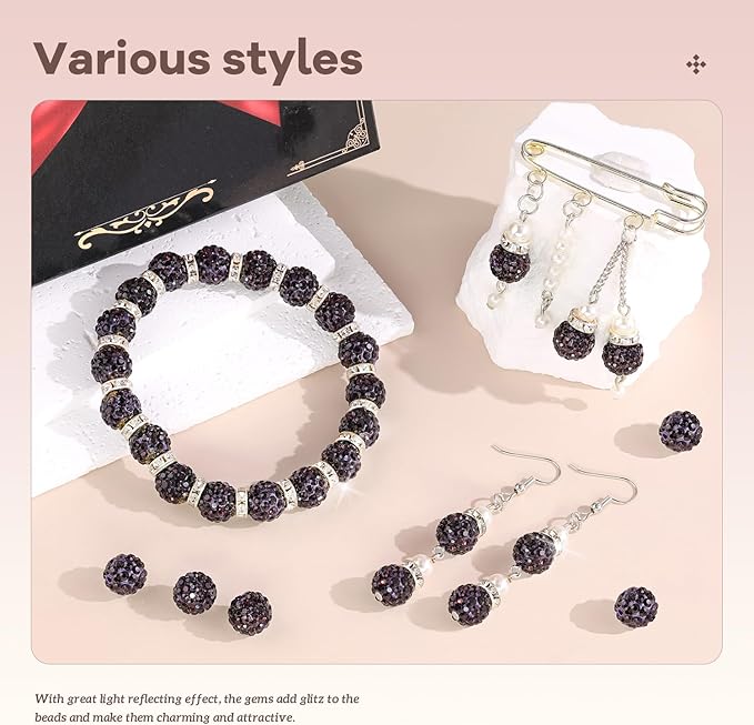 160pcs 10mm Rhinestone Beads for Jewelry Making, Dark Purple Shiny Round Disco Ball Beads Bulk, Sparkle Crystal Clay Christmas for Bracelet Baseball Necklace Earring Crafting and DIY