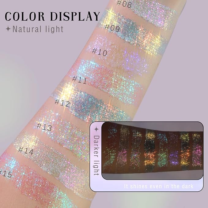 2 Colors Roll-on Body Glitter Gel, Holographic Glitter Gel Under Light for Face Hair, Body Shimmer for Rave Accessories Christmas New Year Halloween Makeup (8+11)