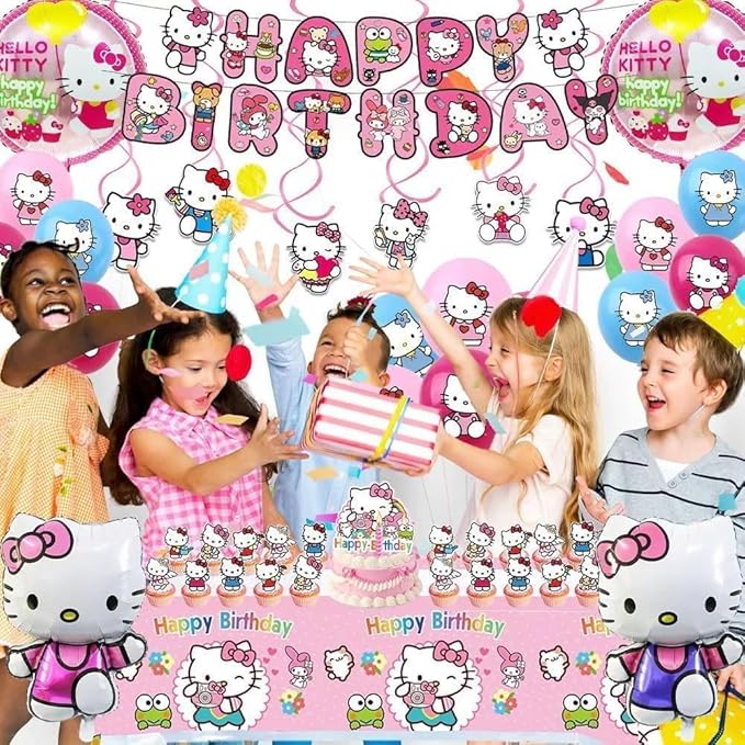 49Pcs - Kitty Birthday Party Decorations Set, Pink Theme with Banner, Balloons, Tablecloth, Cake Toppers.