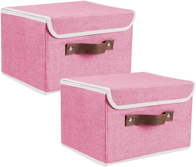 Lucky Monet Storage Bins Boxes with Lids 2 Pack Decorative Storage Boxes Collapsible Fabric Storage Basket Containers Lidded Storage Cube for Organizing Closet Home Office, 15"x 10"x 10" (Pink)