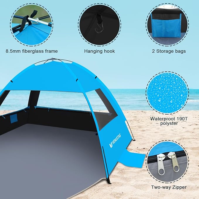 Venustas Beach Tent Sun Shelter for 3/4-5/6-7/8-10 Person, UPF 50+ UV Protection Beach Canopy, Lightweight and Easy Setup Cabana, Portable Shade Tent