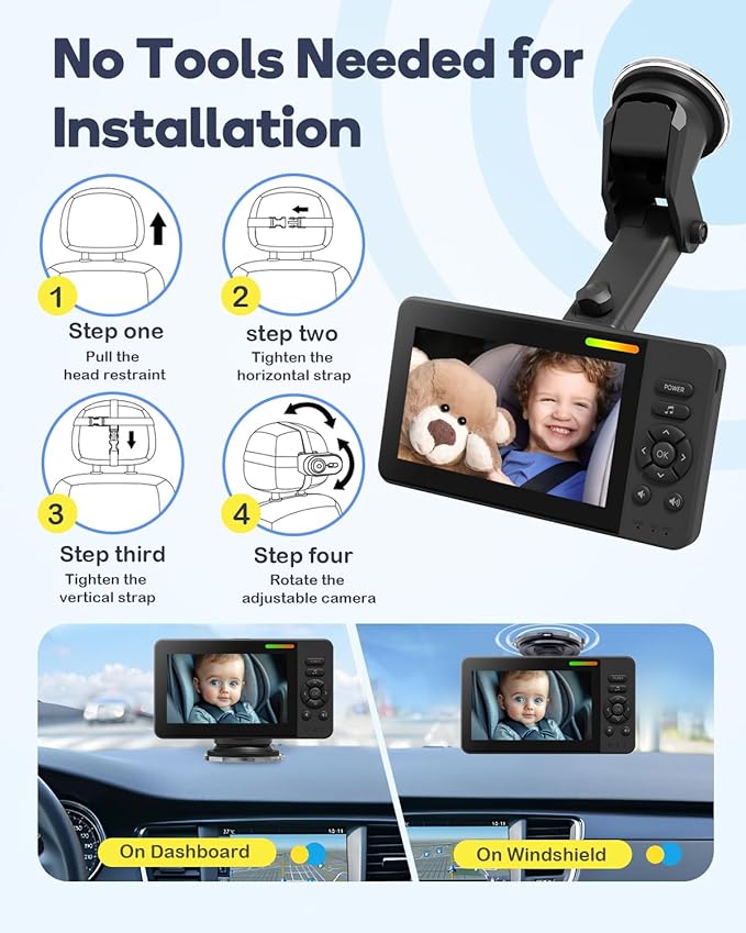 Wireless Baby Car Camera, HD 1080P Car Baby Monitor with Night Vision, Easy Install Backseat Camera for Kids, 360 Degree Rotatable Rear Facing Car Seat Mirror for Home, Baby, Pet