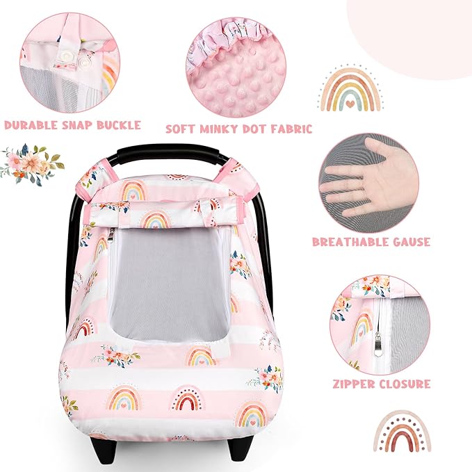 Pea Pod Car Seat Cover Baby, Infant Car Seat Canopy Covers for Newborn with 2 Layers Windows of Breathable Mesh Fabric, Lightweight Polyester/Soft Minky Dot Backing (Floral & Rainbow)
