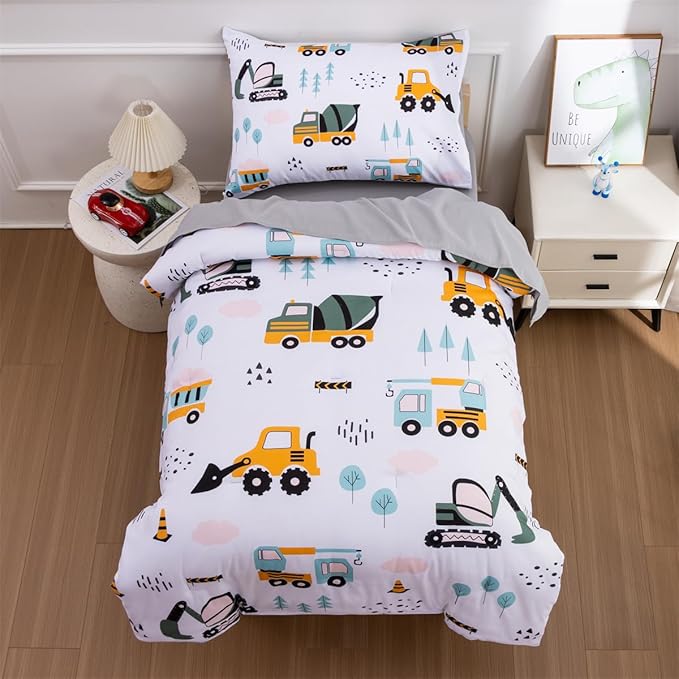 NTBED 4 Pieces Construction Toddler Bedding Set for Baby Boys,Tree Truck Vehicles Excavator Cars Printed, Includes Comforter, Flat Sheet, Fitted Sheet and Pillowcase,Light Green