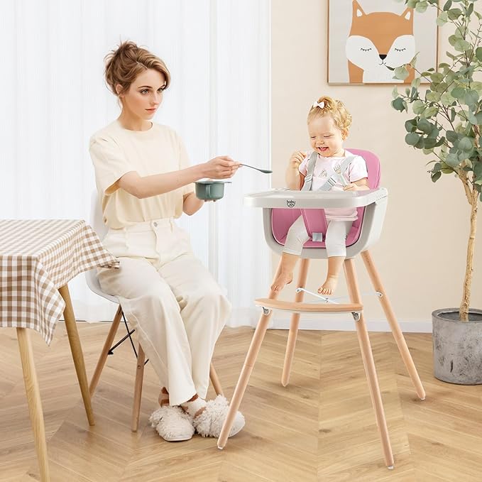 BABY JOY Convertible Baby High Chair, 3 in 1 Wooden Highchair/Booster/Chair with Removable Tray, Adjustable Legs, 5-Point Harness, PU Cushion and Footrest for Baby, Infants, Toddlers (Pink)