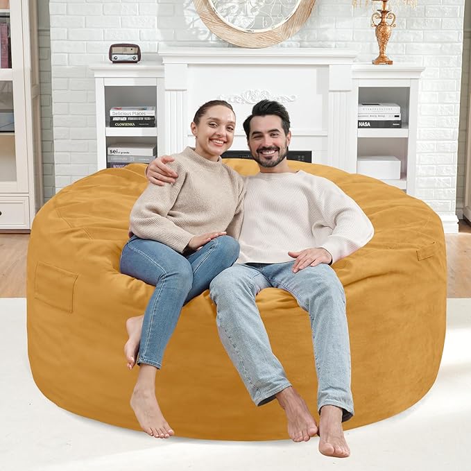 4FT Bean Bag Chair, Large Bean Bag Chairs with Memory Foam Filled, Fluffy Beanbag Sofa with Dutch Velvet Cover, Round BeanBag Chairs for Living Room, Playroom - Mustard