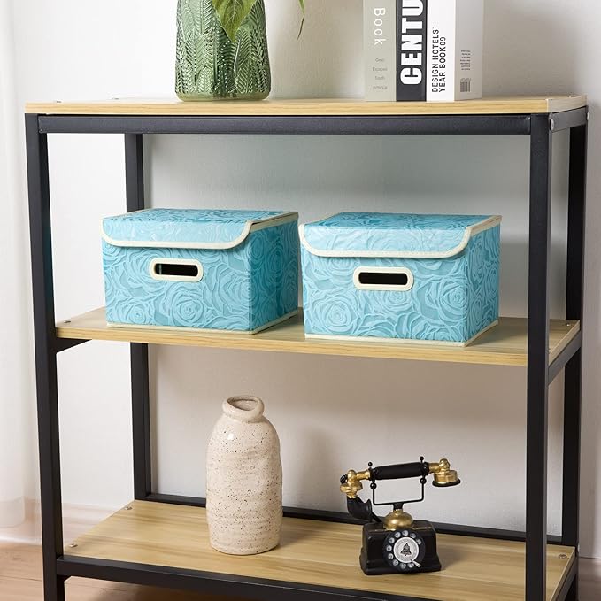 PRANDOM Collapsible Storage Boxes with Lids Fabric Decorative Storage Bins Cubes Organizer Containers Baskets with Cover Handles Divider for Bedroom Closet Living Room 9.8x7.9x6.7 Inch 3 Pack