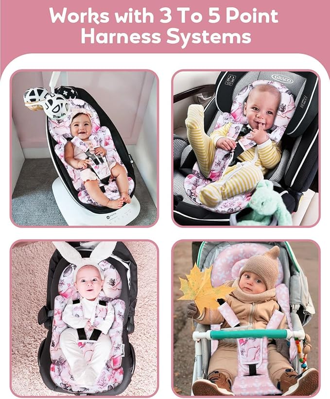 Infant Car Seat Insert, Enlarged Head Support for Baby Carseat, Reversible Newborn Insert with 3 Strap Covers, 2-in-1 Baby Car Seat Cushion for Stroller, Swing, Bouncer, Rocker - Pink Floral