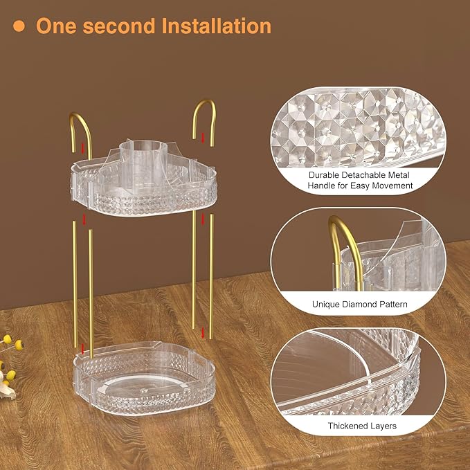 Awenia Rotating Makeup Organizer 360, Stackable Adjustable Large Capacity Cosmetic Storage Unit,Dresser Bathroom Kitchen Countertop Organizer with Metal Handle, Plus Size (Clear, 2 Tier)