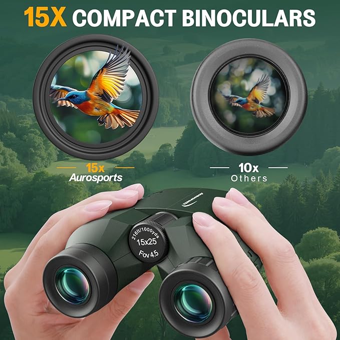 Aurosports 15x25 Compact Binoculars for Adult Kids - High Power Binoculars for Bird Watching - Easy Focus Small Binocular with Low Light Vision for Travel, Camping, Concert, Hiking -Green