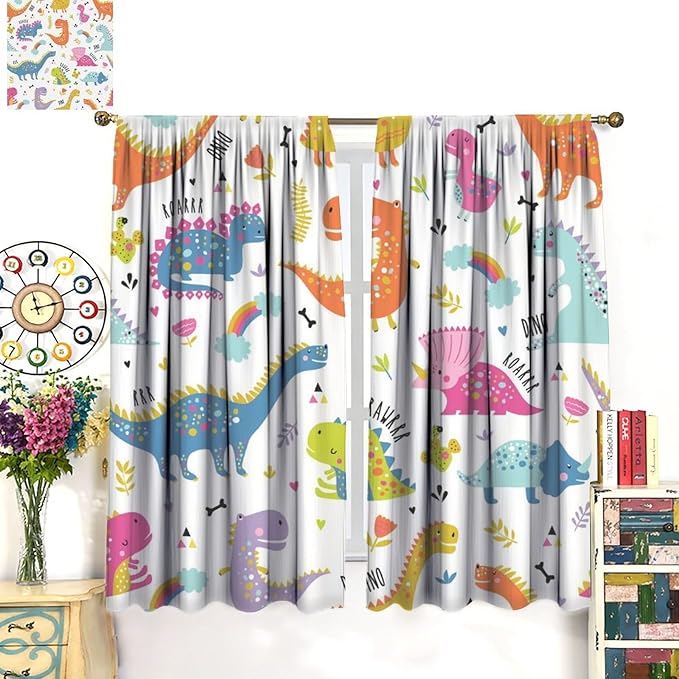 Cartoon Dinosaur Curtains for Kids Boys Girls Home Decor Childish Cute Dino Animals Print Pattern Rod Pocket Blackout Window Drapes for Nursery Baby Bedroom Playroom W42xL84in 2 Panels