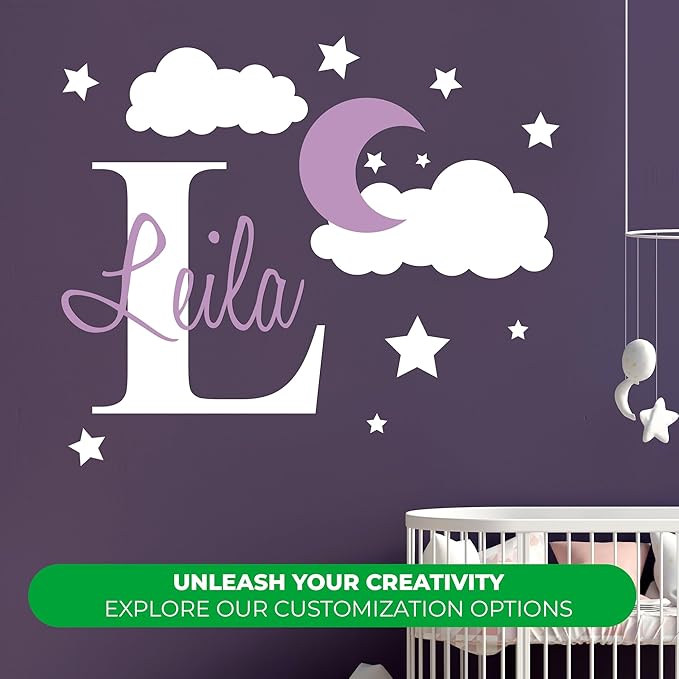 e-Graphic Design Inc Clouds Wall Decals Moon and Stars Custom Name Baby Room Decor Personalized Moon, Stars, Murals (22" x 17")