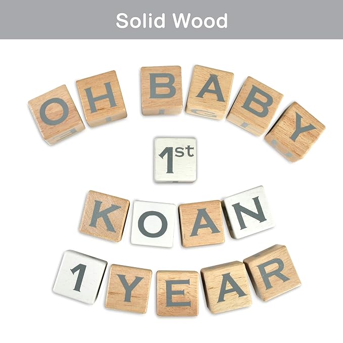 I'm Solid Wood Baby ABC Alphabet Milestone Age Blocks, Personalized Own Name, Gender Neutral, Newborn Gifts & Keepsakes for Picture Props (1.4" / 16 Pcs/Grey)