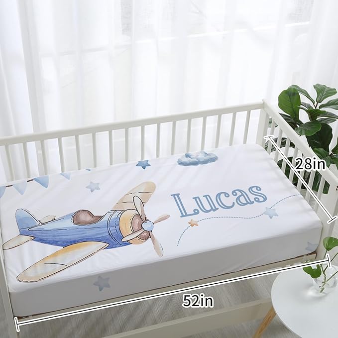 Personalized Baby Crib Bedding Set for Baby Boys Girls, Toy Airplane Pattern Custom Name Baby Crib Sets 5-Pcs, Toddler Double Layer Blanket Fitted Sheets Changing Pad Cover Rug Wall Art Set