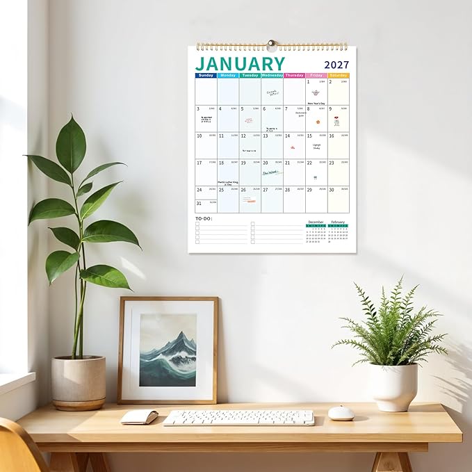 Wall Calendar 2026-2027, 18 Month Calendar from January 2026 to June 2027 14.5" x 11.8" Large Desk Calendar with Twin-Wire Binding for Home Office Planning Personal Organisers, Colorful Block