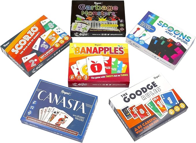 Regal Games Fun Card Games Set for Adults - Canasta, Spoons and a Spork, Garbage Monsters, ScorZo, The Goodge Rules, and Banapples Decks - Fun & Travel Playing Cards for Family Game Night