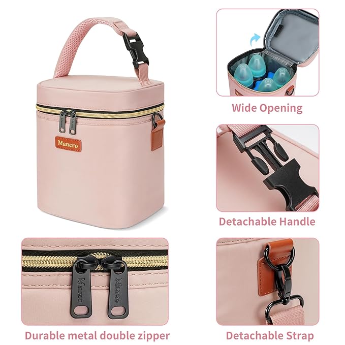 Mancro Baby Bottle Bag for Breastmilk, Breast Milk Cooler Bag with Ice Pack Fits 4 Milk Bottles Up to 9 Ounce with Adjustable Shoulder Strap, Lnsulation Breast Milk Cooler Travel Gifts, Pink