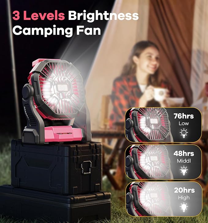 30000mAh Portable Battery Powered Camping Fan - with LED Light, Quiet Battery Operated, Camping Gear for Travel, Tent, Beach, Car or Hurricane Power Outages, Pink
