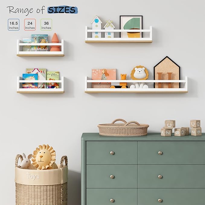 Upgraded Wall Bookshelf for Kids Room 36 Inches Long, White and Wood Nursery Floating Bookshelves for Wall, Hanging Book Shelves for Toddler Kid Child Bedoom Classroom Library-Set of 3