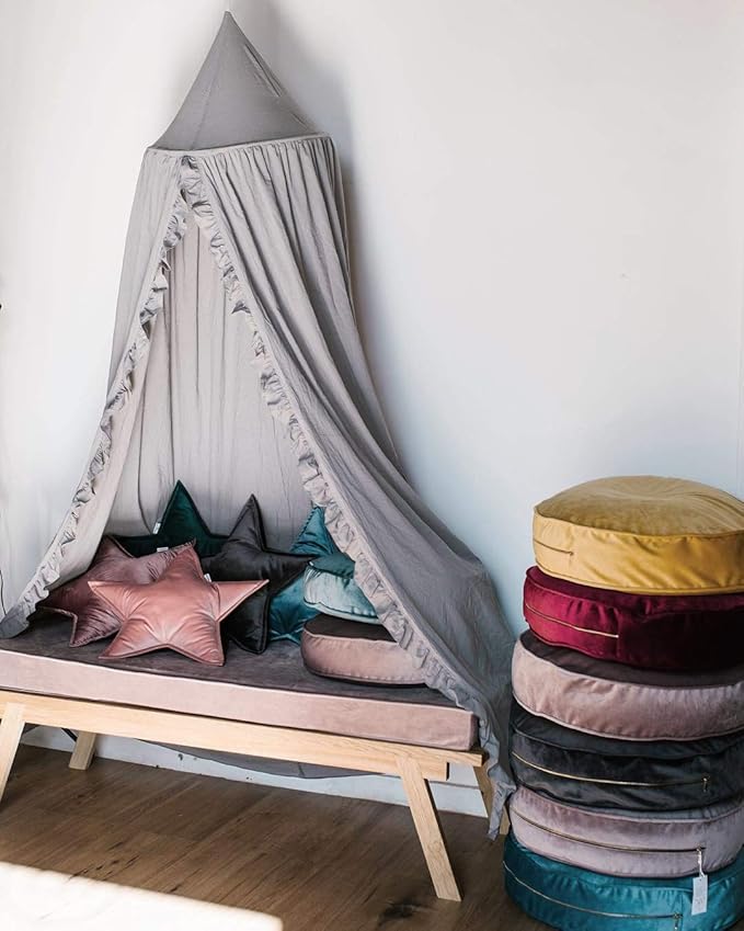 Bed Canopy with Frills Reading Nook Game Tent for Kids Boho Hanging Net Play Room Decor(Light Grey)