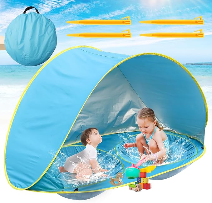 Baby Beach Tent-2 Pools Pop Up UPF 50+ Sunshade with Carry Bag, Portable for Travel,Beach,Camping,Indoor