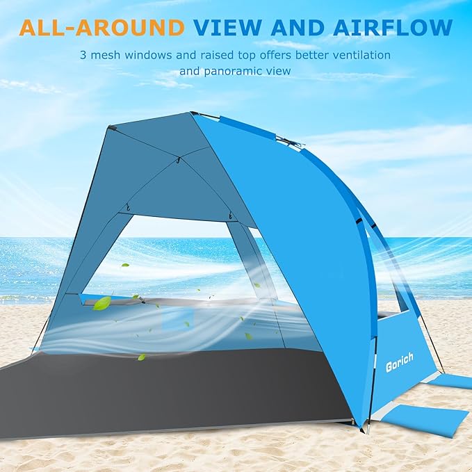 Gorich Portable Beach Tent for 3/4-5/6-7 Person with UPF 50+ UV Protection, Lightweight & Foldable Sun Shelter with 5 Sand Bags, Easy Setup Windproof Beach Umbrella Sun Shade