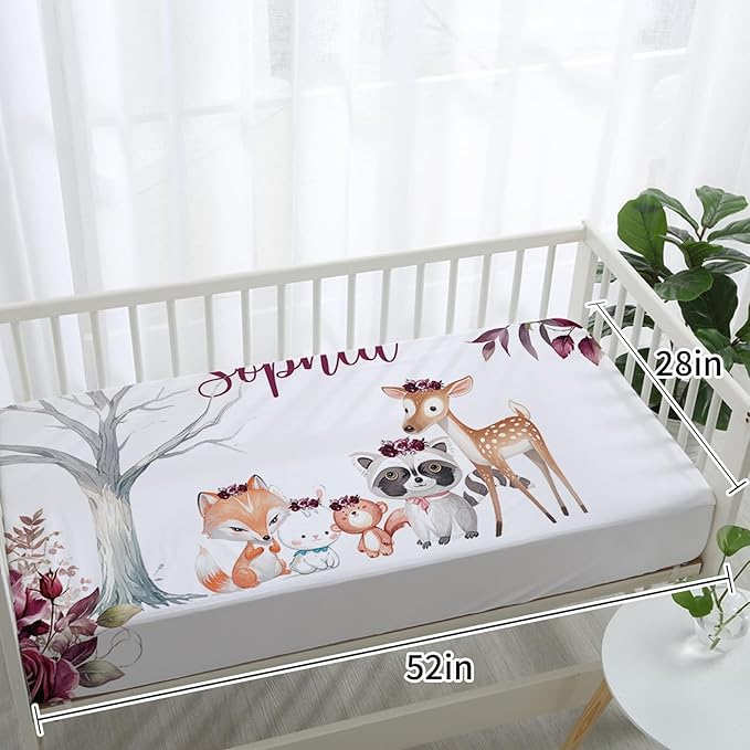 Personalized Baby Crib Bedding Set for Baby Girls, Rose Animal Pattern Custom Name 5-Pcs, Toddler Double Layer Blanket Fitted Sheets Changing Pad Cover Rug Wall Art Set