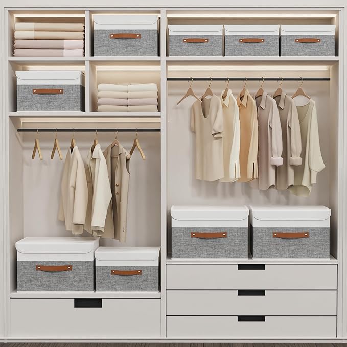 Yawinhe Storage Boxes with Lids, Linen Fabric Bin, Cube Organizer Basket, Washable and Leather Handle, for Home, Closet, White/Grey, 15.0''Lx9.8''Wx9.8''H, 5-Pack, USNK024WGL-5