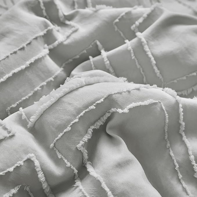 Tufted Ruffle Crib Bedding Set 3 Pieces Baby Girls Boys Boho Quilted Comforter with Fitted Sheet and Bed Skirt - Cute Ruffled Shabby Chic Baby Bedding Soft Blanket Design Light Gray