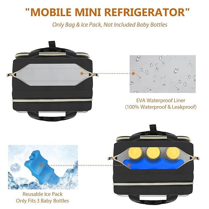 PIIOSER Insulated Baby Bottle Bag with Ice Pack, Breastmilk Cooler Compatible with Wearable Breast Pumps & Accessories - Breastfeeding On The Go Travel for Nursing & Working Moms, Black