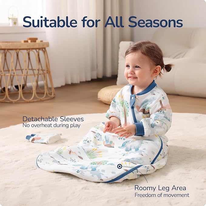 Baby Sleep Sack 18-24 Months, Cotton Detachable Long Sleeve Sleep Sack, 1.0 Tog Toddler Sleeping Sack with Temperature Strips, 2-Way Zipper Wearable Blankets for Newborns, Dinosaur