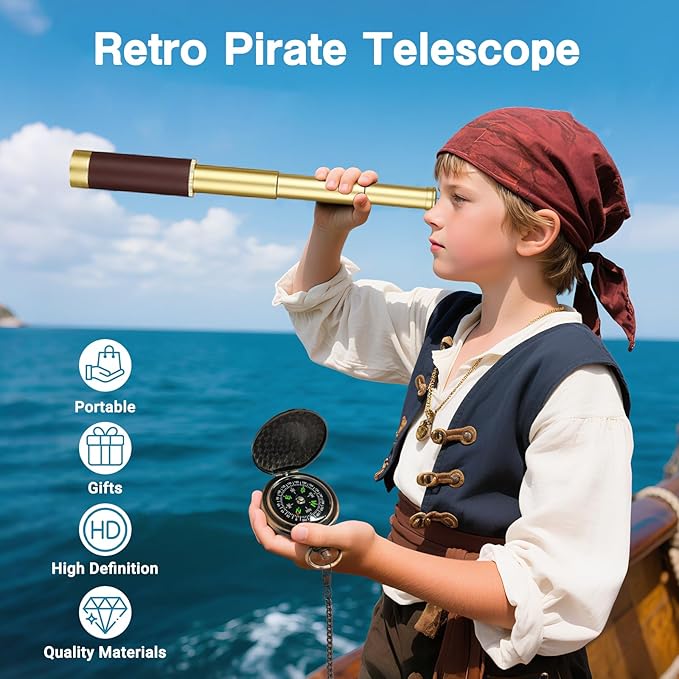 Retro Pirate Telescope 25x30 Spyglass Portable Collapsible Handheld Telescope Zoom Vintage Monocular Classical Collection Compass for Camping Hunting Boating Gift