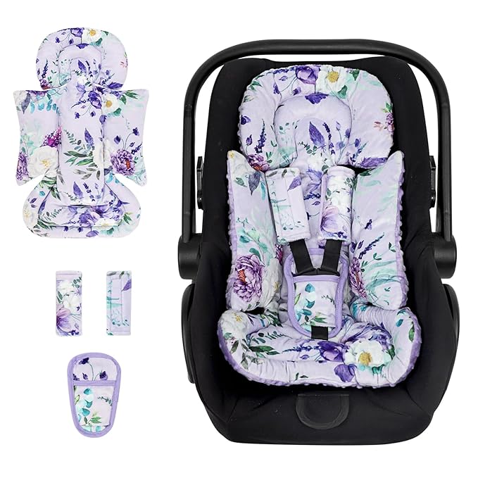 Infant Car Seat Insert and Strap Covers, Very Soft Car Seat Head Support Baby Girl Boy, Reversible Newborn Carseat Insert Cushion Fits for Stroller, Baby Swing, Bouncer (Purple Floral)