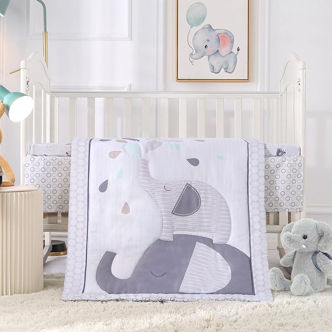 Wowelife Mini Crib Bedding Set for Boys, Premium 3-Piece Elephant Baby Bedding Set Elephant, Baby Nursery Comforter Bed Set with Crib Comforter, Skirt and Sheet, Gray