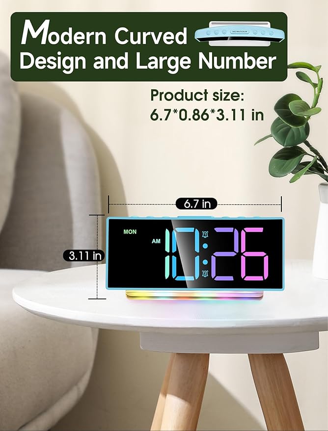 Cadmos Loud Alarm Clock for Heavy Sleepers Adults,Kids,Teens,Digital Desk Clock with USB Port,Large Numbers,7 Color Night Light,Modern Electronic Plug in Simple Clock for Bedroom(Blue+Dynamic)