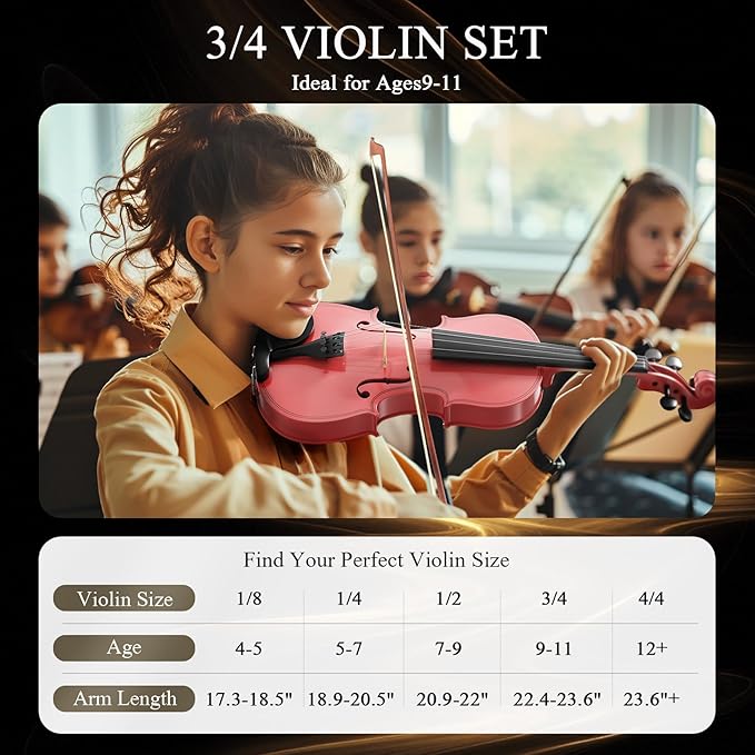 3/4 Beginner Violin Kit, Complete Violin Set with Case, Bow, Rosin, Pink
